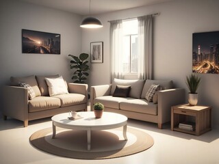Cozy and stylish modern living room featuring comfortable sofas, chic decor, and a harmonious neutral color palette in a well-lit space