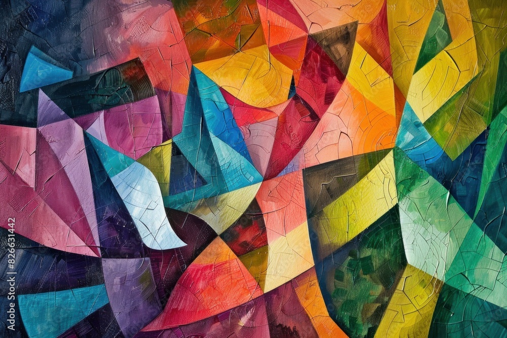 Poster vibrant and bold abstract geometric painting with a dynamic composition and a colorful mosaic of sha