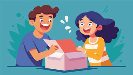 A techsavvy duo excitedly open a package revealing the latest tech toy theyve been dying to get their hands on and share with their viewers.. Vector illustration