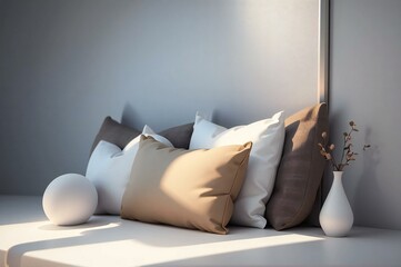 Elegant home interior design featuring assorted pillows on a bench with a white vase and decorative sphere, in soft natural light
