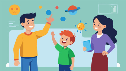 A young boy enthusiastically shares the latest science lesson he learned from the interactive wall with his parents proud of his newfound knowledge.. Vector illustration