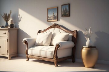 Vintage sofa and ornamental vase in a classic living room, bathed in warm sunlight on a peaceful afternoon