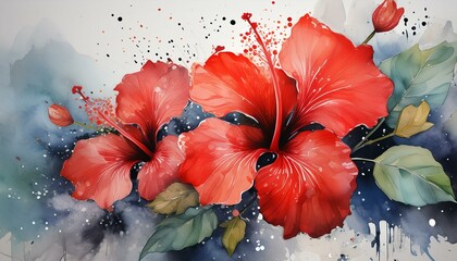 Red hibiscus flowers with watercolor splashes.