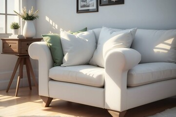 Cozy living room setting with a welcoming white couch and green accent pillows illuminated by gentle morning sunlight