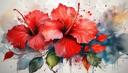 Red hibiscus flowers with watercolor splashes.