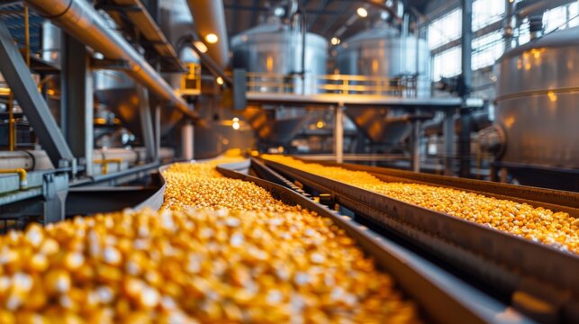 Conveyor belts transport corn inside a processing plant, with industrial machines and storage tanks visible in the background.