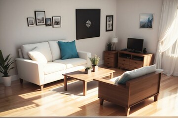Modern living room flooded with natural light, showcasing chic furnishings, wooden details, and a warm, inviting ambiance