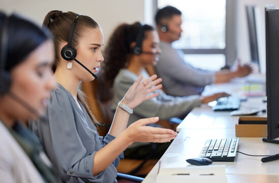 Callcenter, woman and help in technical support chat with advice for customer on computer. Virtual, consultant and contact us in telemarketing office with phone call for solution and crm service