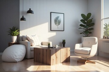 Contemporary living room bathed in sunlight featuring stylish furniture, indoor plants, and a minimalist decor aesthetic