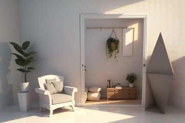 Fototapeta premium Natural sunlight illuminates a cozy minimalist living room adorned with stylish furniture, plants, and warm neutral tones