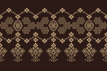 Traditional black ethnic motifs ikat geometric fabric pattern cross stitch.Ikat embroidery Ethnic oriental Pixel brown background.Abstract,vector,illustration. Texture,decoration,wallpaper.