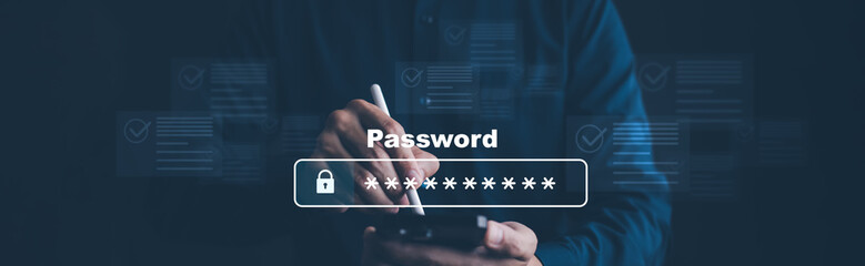 Cyber security and Security password login online concept  Hands typing and touch ID username and...