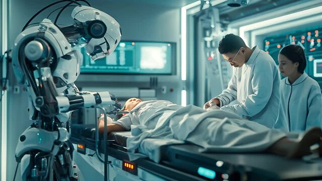 Two surgeons working with robot in futuristic operation room at hospital. Automated robot helping surgeons surgery an patient in operation room. Medical and technology concept	
