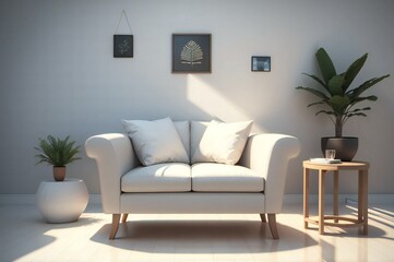 Tranquil living room scene with a white sofa, sophisticated greenery, and wall decor, in a softly lit, minimalist interior