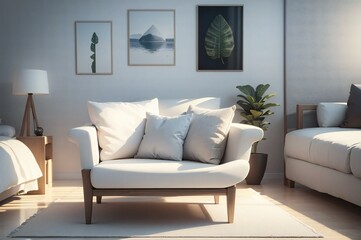Stylish and inviting living room decor with a white sofa, elegant accents, gentle lighting, and minimalist wall art