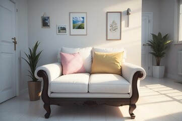 Modern comfortable sofa with pink and yellow cushions in a bright living room, adorned with tasteful wall art and plants