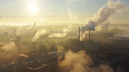 Fototapeta premium Industrial Zone at Dawn Showing Smokestacks Emitting Pollutants Amid Clean Technology Ads, Highlighting Environmental Challenges.