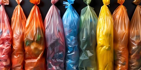 Assorted color recycling bags for waste disposal. Concept Eco-friendly, Waste management, Recycling bins, Plastic bags, Environmentally conscious