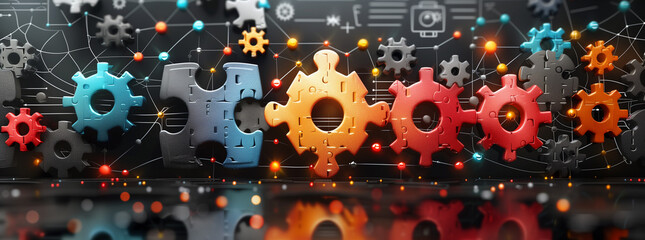 A colorful puzzle piece surrounded by gears, symbolizing the integration of various tools and project elements in a white background illustration