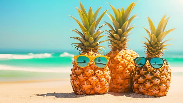 Three funny pineapples in sunglasses on the beach. Tropical summer vacation concept. Happy sunny day on the beach of tropical island	
