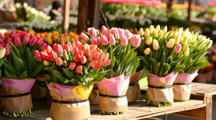 Photo of colorful tulip bouquets in various shades of pink, red, and yellow, wrapped in brown paper, displayed at a flower market.