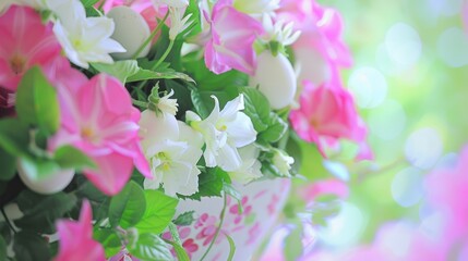 Photo of a vibrant flower arrangement with pink and white blooms, surrounded by lush green leaves, evoking a fresh and cheerful springtime feel.