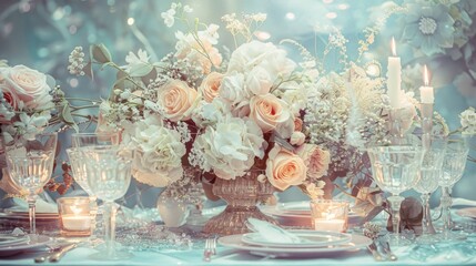 Photo of a luxurious wedding table setting with elegant floral arrangements of pink and white roses, delicate tableware, and candlelight, creating a romantic atmosphere. - Powered by Adobe