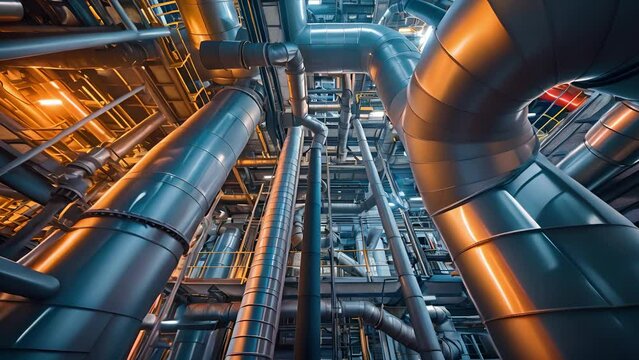 Large piping inside of industrial power plant, Industrial factory interior featuring state of machinery, Steel large chrome pipes, Equipment	