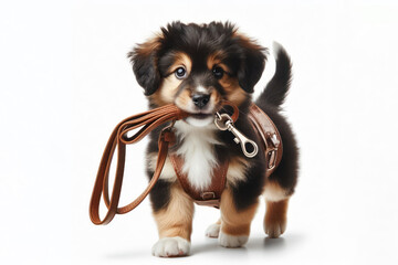 Fototapeta premium Dog holding pet leash in mouth ready to go for walk Isolated on white background