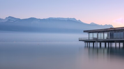 Photo of a modern houseboat on a calm lake surrounded by misty mountains, creating a tranquil and serene atmosphere.