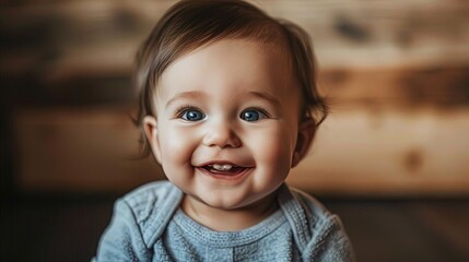 Smiling Baby with Bright Eyes. A close-up image of a happy baby with bright eyes and a big smile, wearing a light-colored outfit.