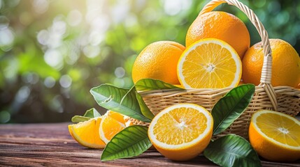 Photo of a basket filled with fresh, vibrant oranges with green leaves, arranged on a wooden surface.