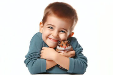 little funny kid tightly hugging pet Hamster Isolated on white background