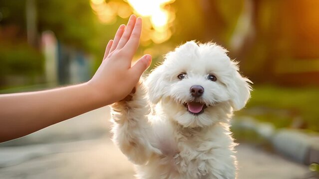 Fluffy white dog high-five with hand of a human	