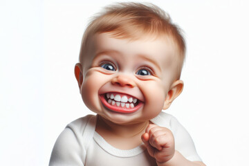 funny little baby with a big teeth smile Isolated on white background