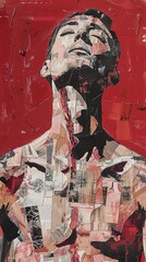 Fototapeta premium Produce a mixed media artwork capturing skin elasticity by combining acrylic painting and paper collage Show a dynamic composition featuring a human figure with visibly elastic ski
