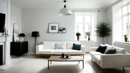 Fototapeta premium Bright and airy minimalist living room featuring a white sofa, sleek design, and stylish decor in a scandinavian-inspired home