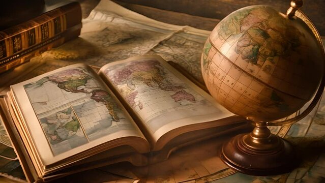 Geographical globe and book. Science, education, History, Geography, Ancient, Antique globe on the background of old map	