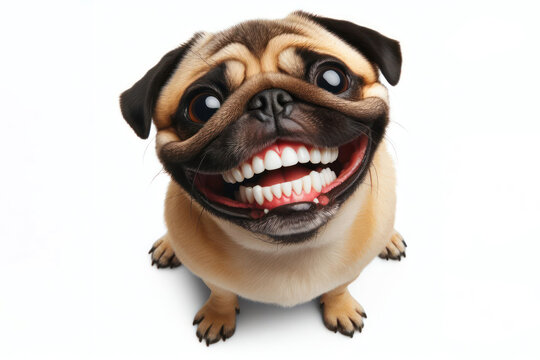 funny little pug dog with a big teeth smile Isolated on white background