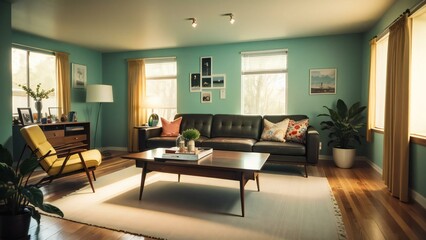 Modern living room bathed in warm sunset light, featuring stylish furniture, home decor, and a serene, inviting atmosphere for relaxation