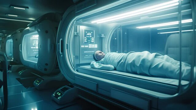 Human clone factory, Human in the capsules, capsule with human woman body insidev	