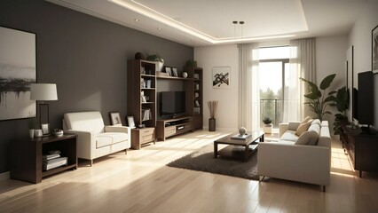 Fototapeta premium Spacious and elegantly furnished living room with large windows, contemporary furniture, and a warm, inviting ambiance in a luxury home