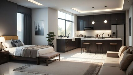 Fototapeta premium Modern studio apartment with a seamless open-plan layout, chic kitchen, comfortable sleeping area, and fashionable decor