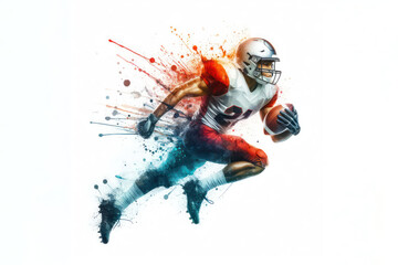 America Football watercolor splash player in action with a ball isolated on white background