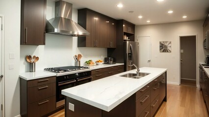 Sleek and modern kitchen design with clean lines, dark wood cabinetry, stainless steel appliances, and a white countertop island