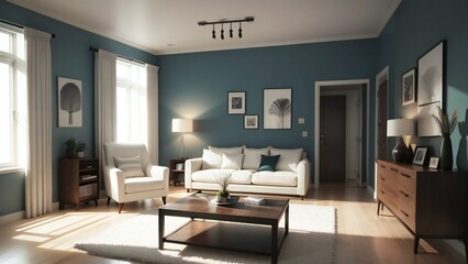 Fototapeta premium Bright and airy living room with modern furnishings, stylish decor, and abundant natural light pouring in through expansive windows