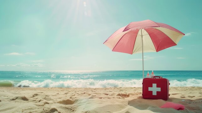 Chaotic Beach Day: Sunburned Individual Suffering from Dehydration After Exposure to Seawater, Seeking Shade and First Aid Kit for Recovery Efforts.