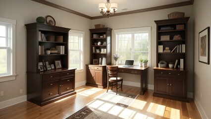 Inviting home office with dark wood furniture, bookshelves, hardwood floors, and plenty of natural light from large windows