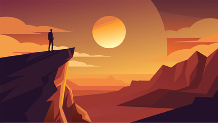 A shadowy figure stands at the edge of a cliff watching as the sun emerges over the horizon casting the land in a warm golden light.. Vector illustration