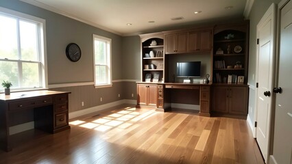 Fototapeta premium Modern home office with natural light, wooden desk, built-in shelves, and hardwood floors in a spacious, minimalist design